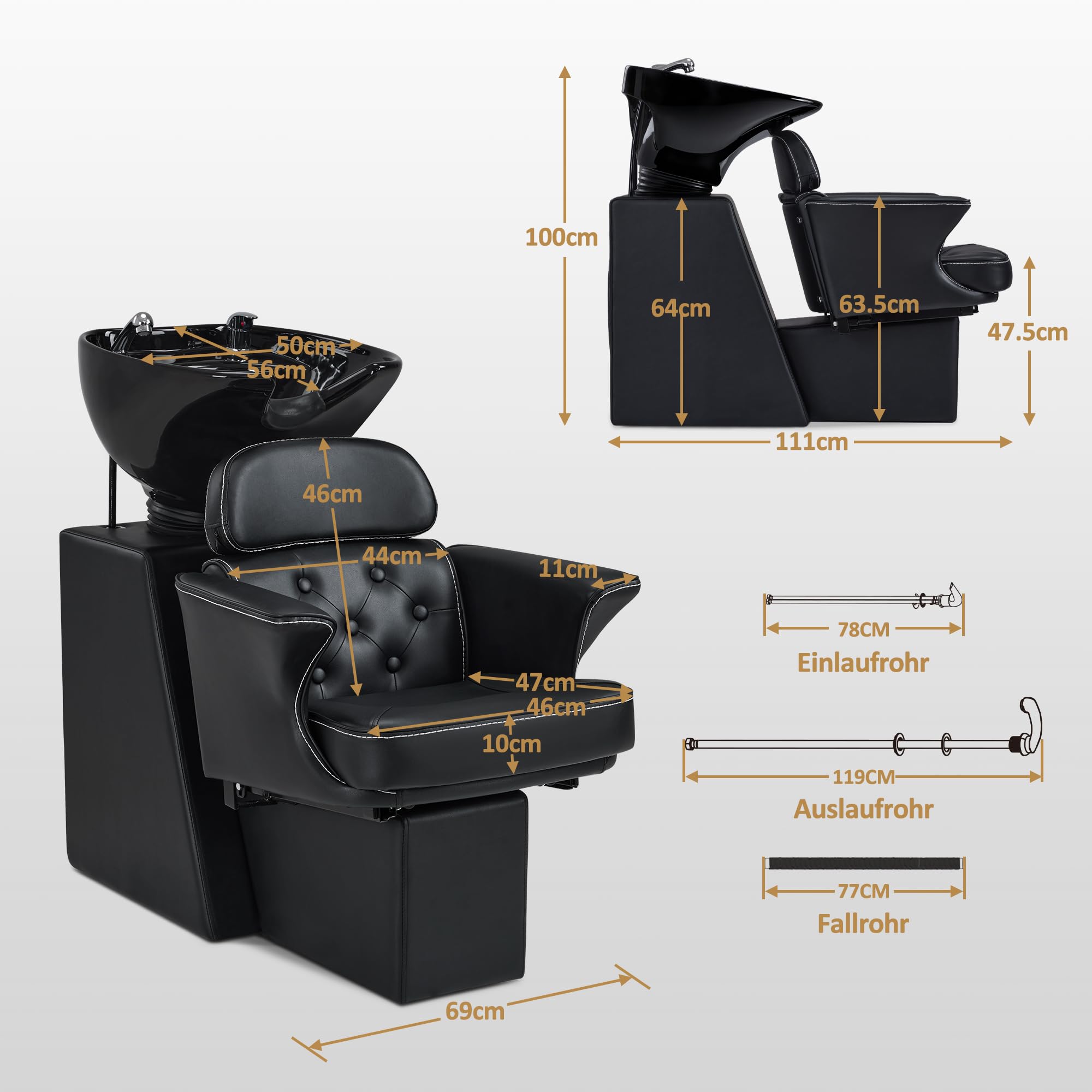 Barberpub Friseurstuhl mit Waschbecken & Kippbarer Rückenlehne, Friseurwaschbecken aus Keramik Verstellbar, Moderner Friseurwaschsessel für SPA Salon, Friseur Waschplatz 8692 (Schwarz/Kunstleder)