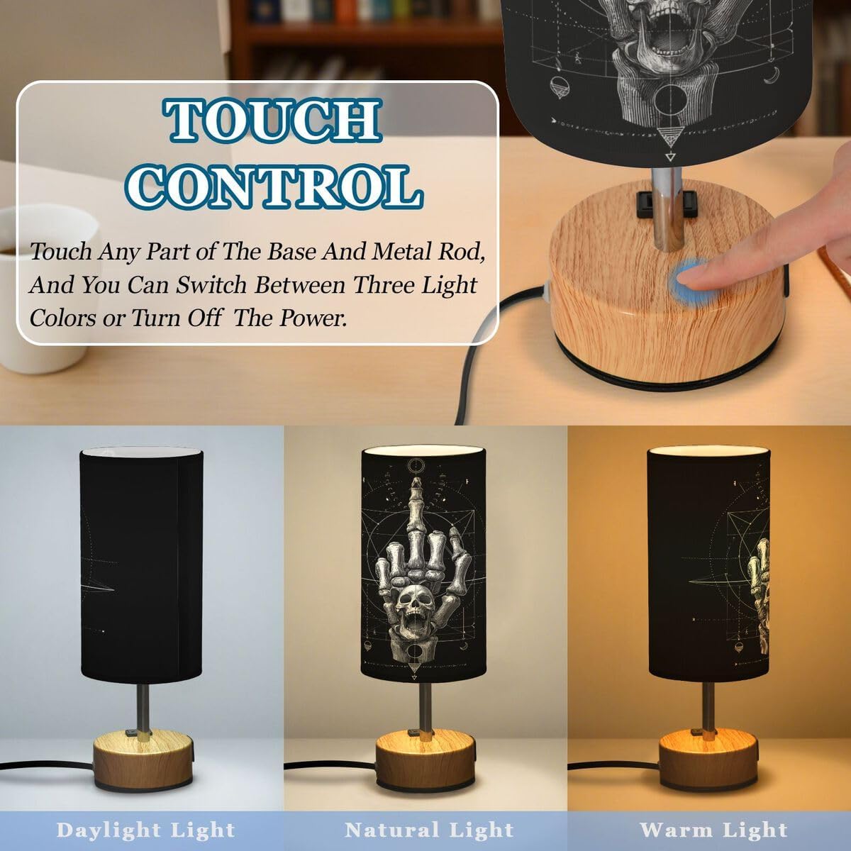 Table Lamp Skull Middle Finger Funny Bedroom Living Room Bedside Night Light Dimmable Home Decor 4.8x13.98in