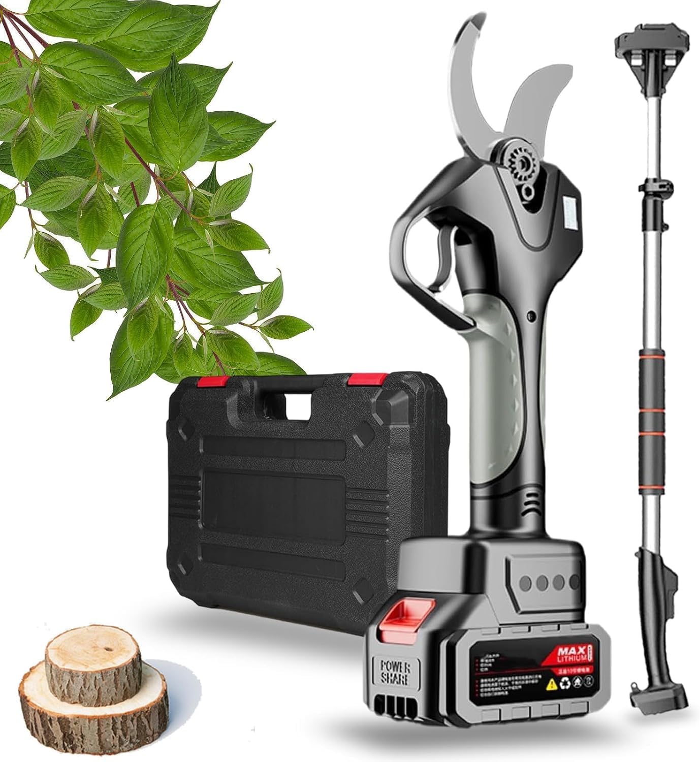 78mm Professional Electric Battery Pruning Scissors With 21v/4.5ah Lithium Battery Lcd Progressive Cutting With 2.1m Extension Pole For Olive Trees Vineyards, 2Battery