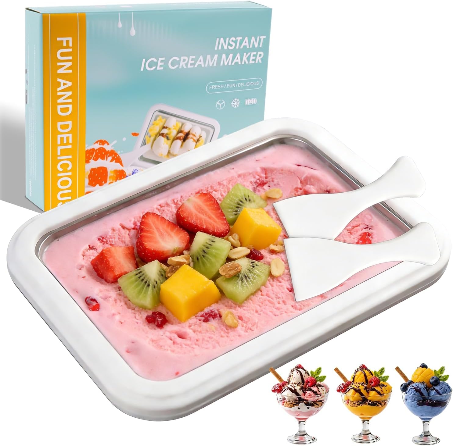 Rolled Ice Cream Maker, Instant Ice Cream Maker Ball with 2 Scrapers,Food Grade Premium Stainless Steel Cold Plate No-electricity for Frozen Yogurt, Sorbet, Fun Parent-Child Activities Families
