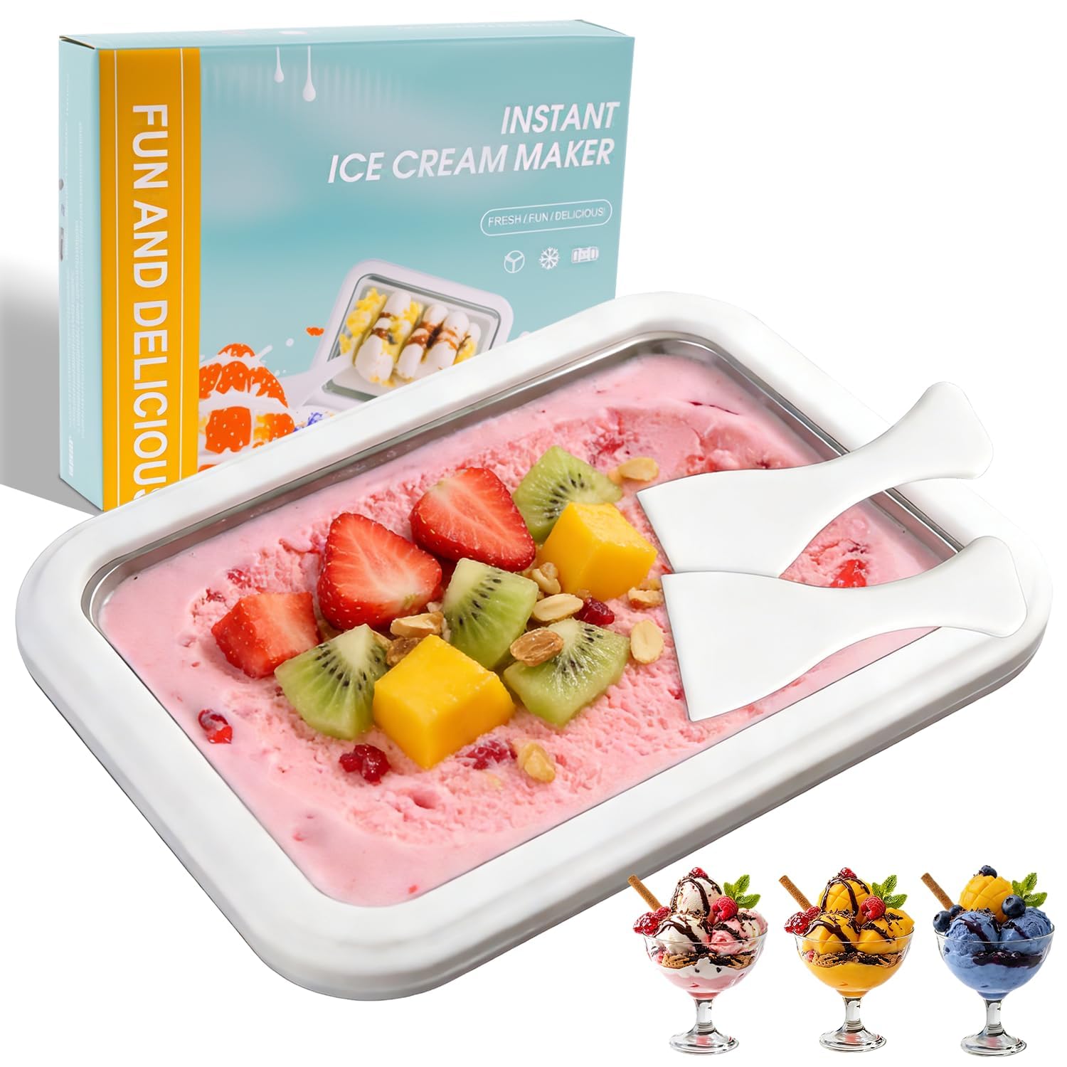 Rolled Ice Cream Maker, Instant Ice Cream Maker Ball with 2 Scrapers,Food Grade Premium Stainless Steel Cold Plate No-electricity for Frozen Yogurt, Sorbet, Fun Parent-Child Activities Families