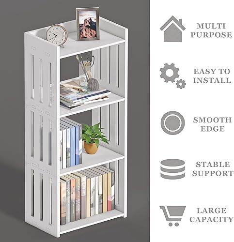 Miniatura 5 de Estantería para espacios pequeños, estante de 4 niveles, organizador de libros blanco, estante de exhibición para habitación de niños, sala de