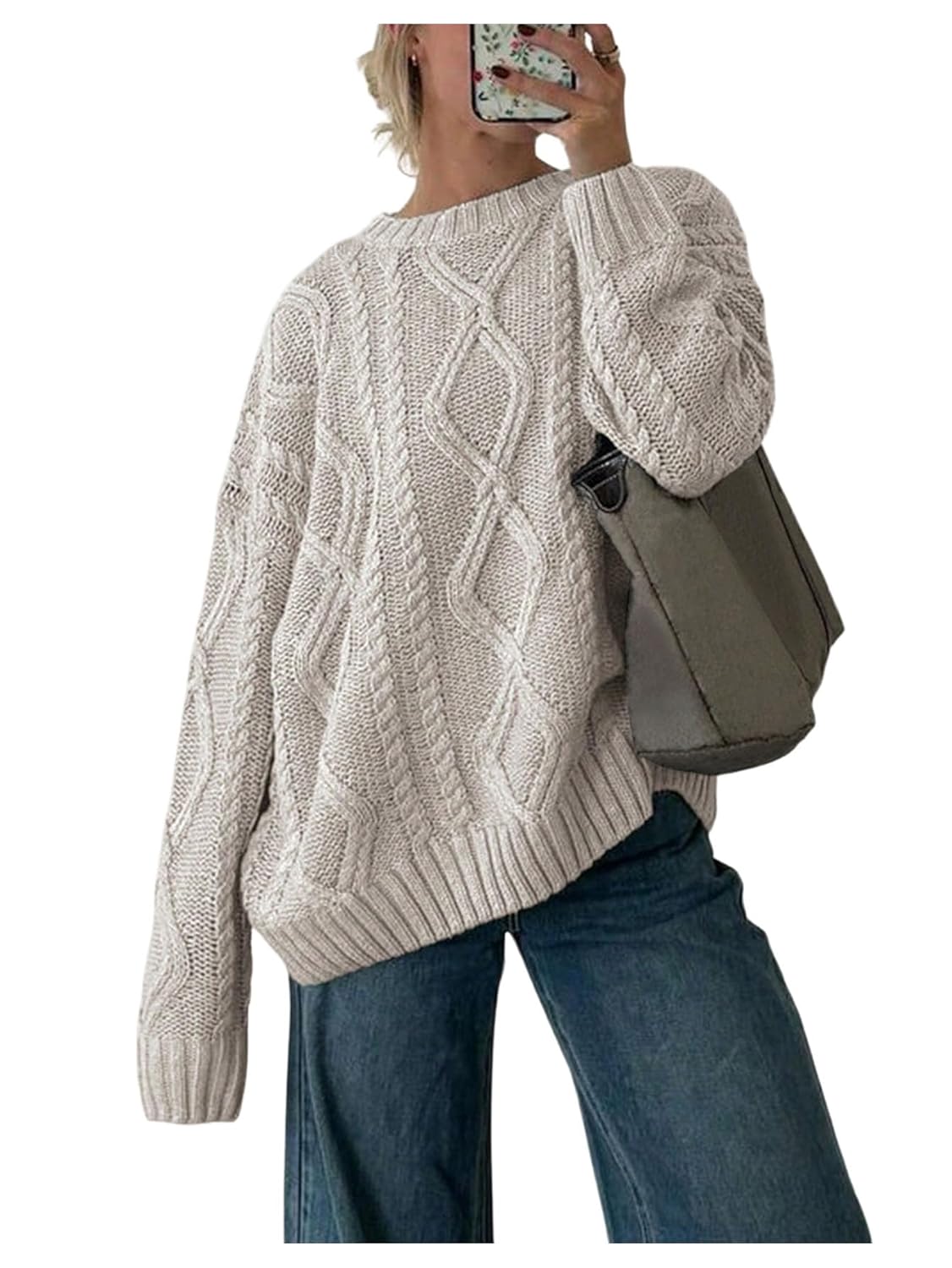 Verdusa Womens Cable Knit Chunky Sweater Oversized Crewneck Cozy Sweaters Downtown Girl Clothes