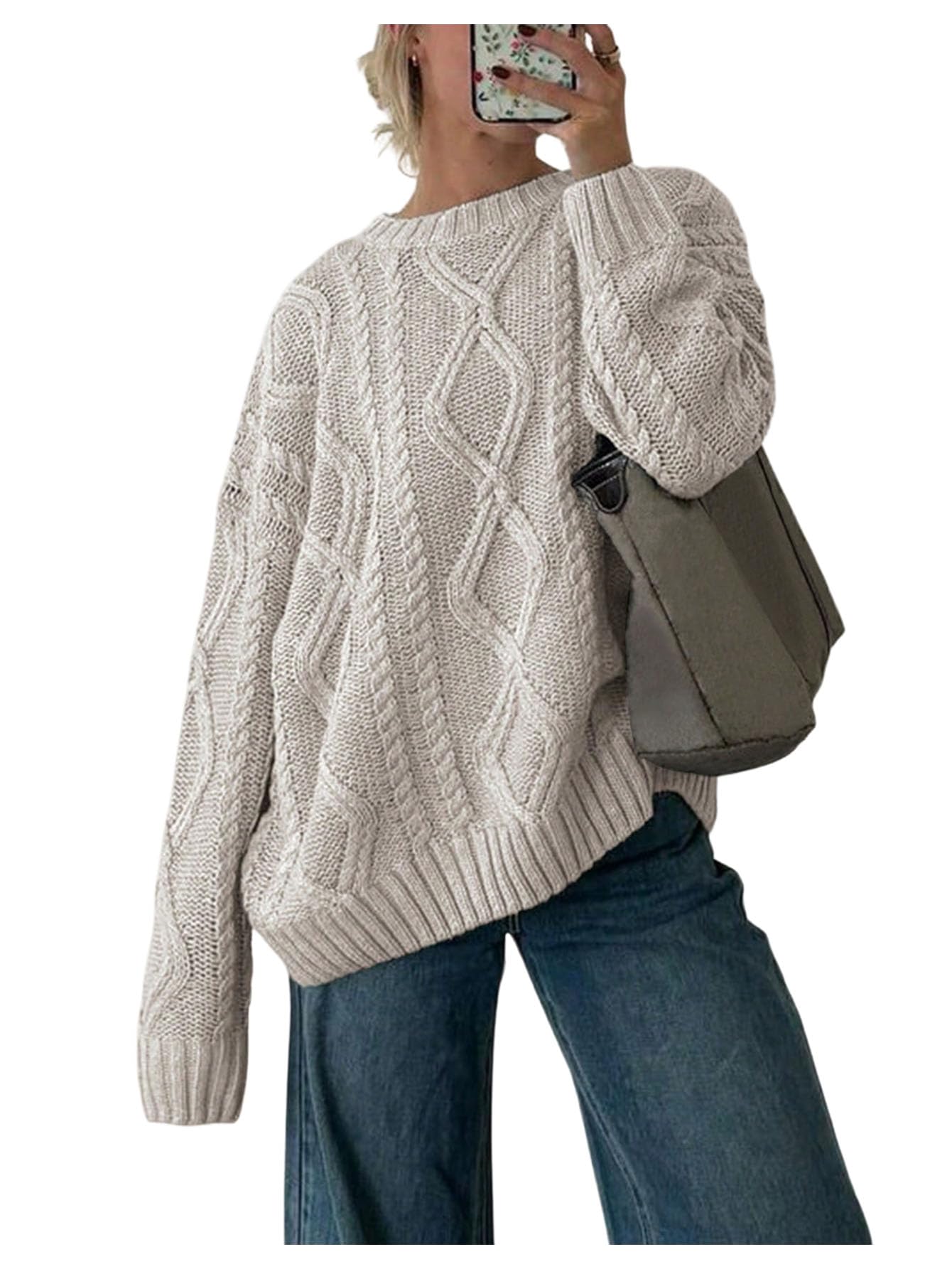 Verdusa Womens Cable Knit Chunky Sweater Oversized Crewneck Cozy Sweaters Downtown Girl Clothes