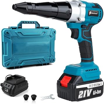 Cordless Rivet Gun,Portable 21V Lithium Battery Electric Automatic Core Pulling Rivet Gun,Professional Brushless Blind Riveter Tool Kit for Rivets 2.4/3.2/4.0/4.8 mm,with 3.0Ah Battery (1 battery)