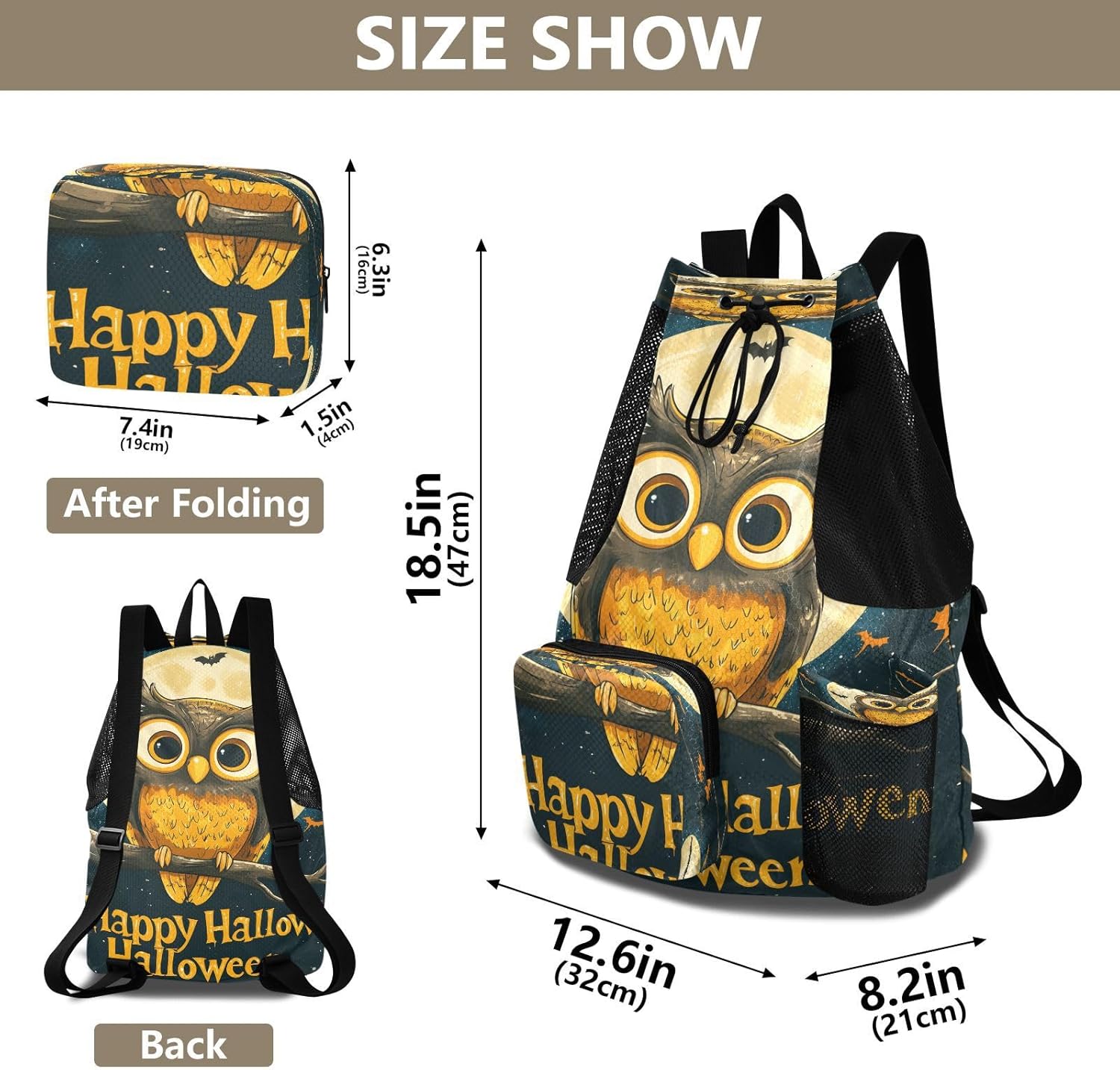 Mesh Gym Swimming Bags for Men & Women, Halloween Cute Owl Tree Moon Large Drawstring Backpack with Dry-Wet Pocket, Lightweight Gym Bag for Sports, Travel, Beach, Workout Gear