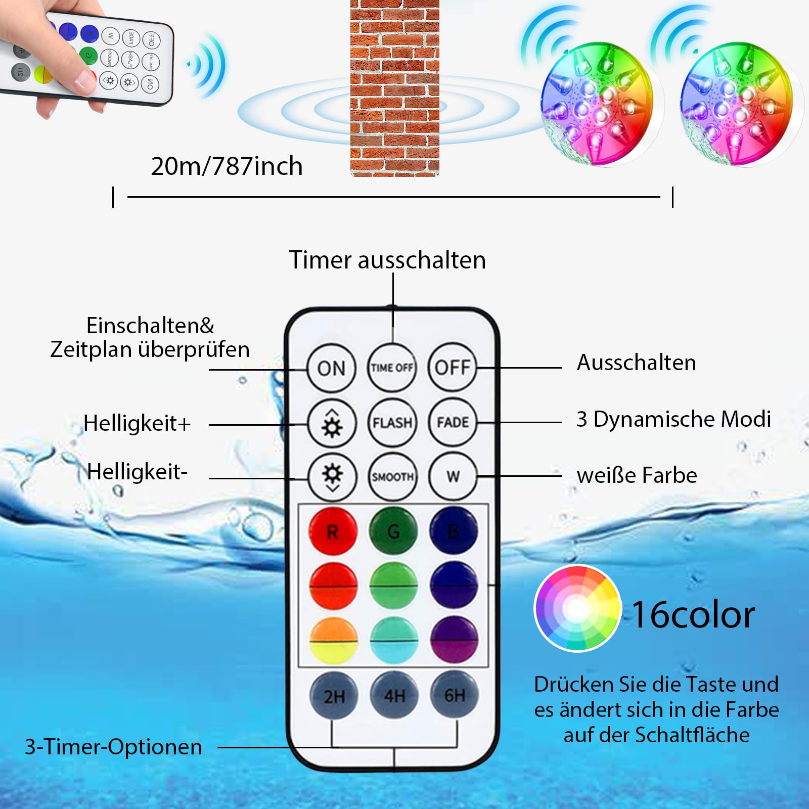 HOSPAOP Poolbeleuchtung Unterwasser LED Licht Wiederaufladbare, Wasserdichte mit RF Fernbedienung, USB, Timer, RGB 13 LEDs für Pool Whirlpool Aquarium Teich Vase Party Beleuchtung (2er)