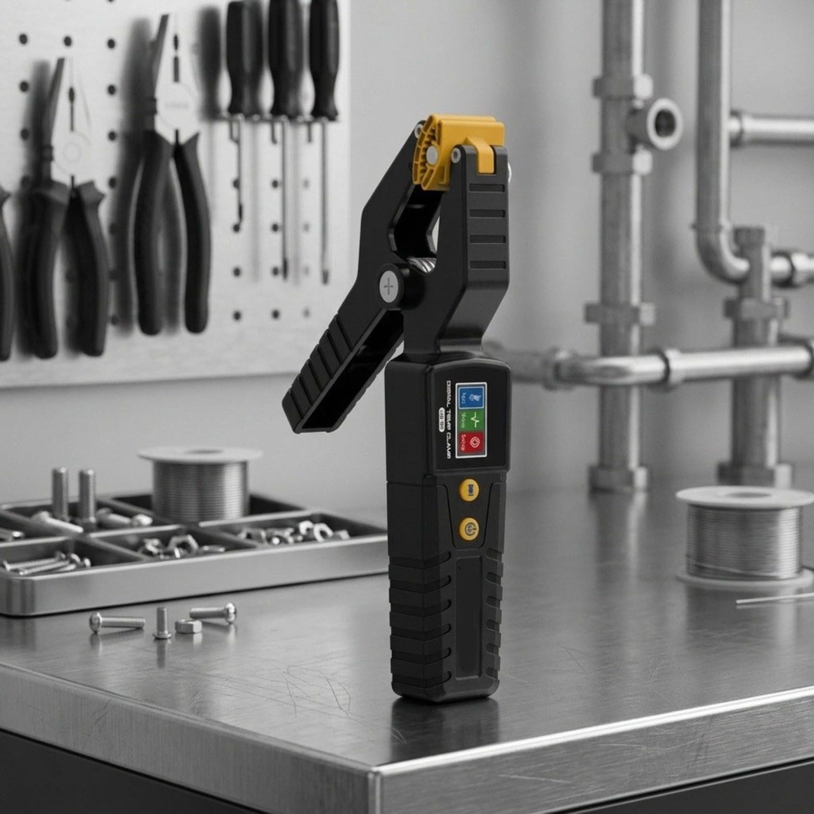 Klima-Klemmthermometer für Klimaanlagen, ±0,3 °C Rohrtemperaturmesser | von -20 bis 150 °C, Digitales für hvac Temperaturmessgerät mit Dual-Display, Datenspeicher und 40mm AC-Rohrklemme in Schwarz