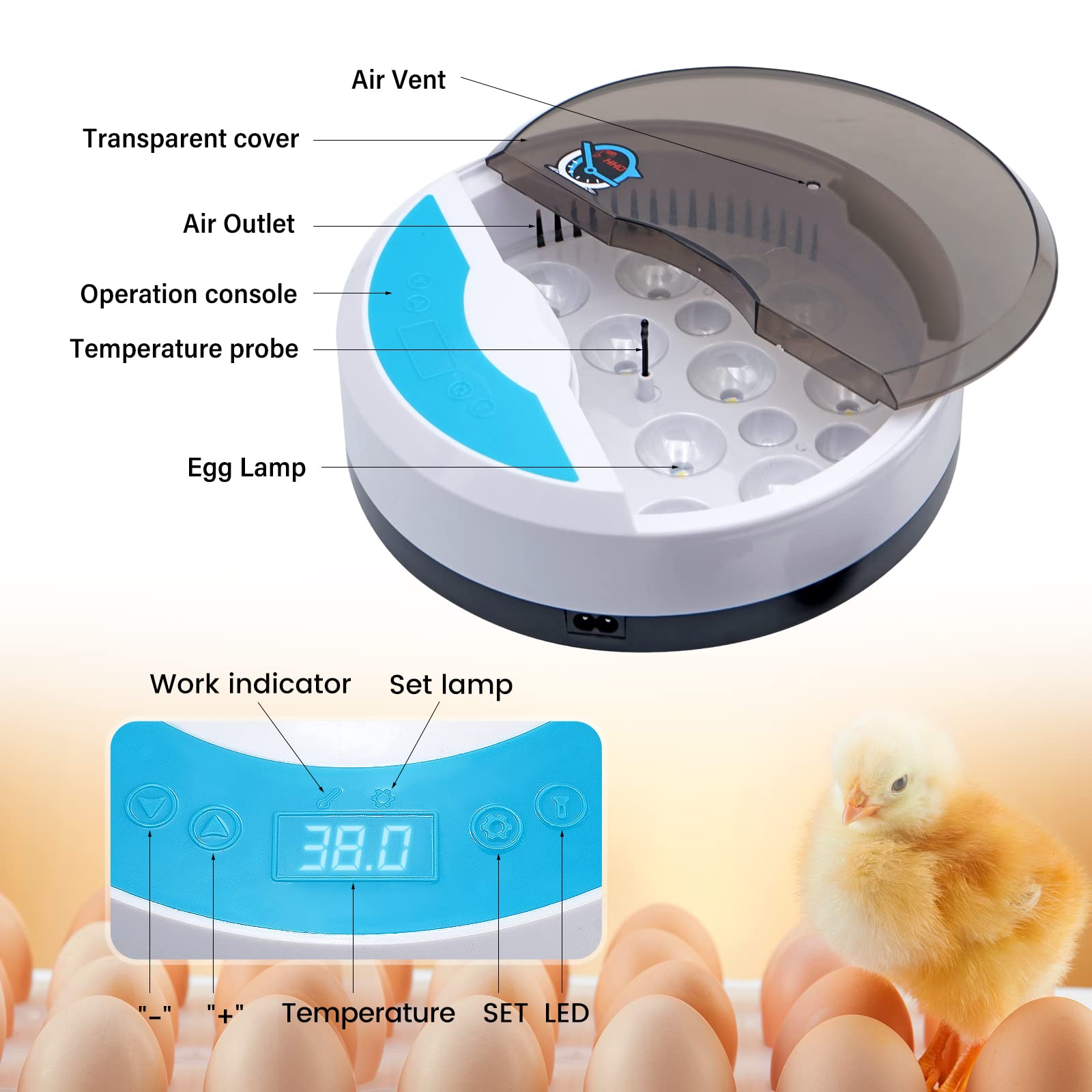Mini 9 Huevos incubadora Chick con automático de Temperatura y Pantalla Digital LED incubadora Tortuga para Aves de Corral Reptil Regalo para niños