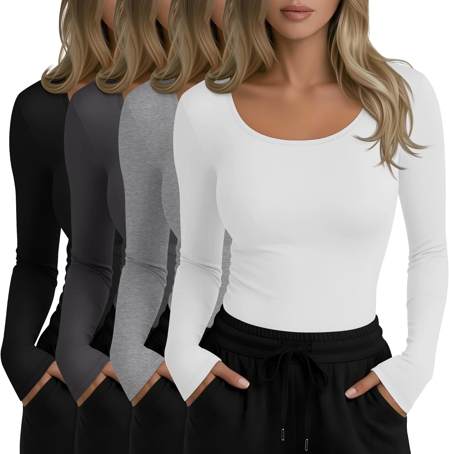 4 Pack Plus Size Underscrub Long Sleeve for Women, Cotton Blend Scoop Neck Undershirts, Nurse Fitted Basic Tops