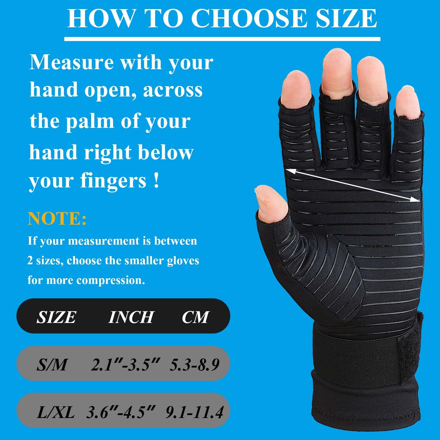 Guantes de Artritis, 2 Pares de Compresión de Cobre con Correa de Muñeca Ajustable para Hombres y Mujeres, Negro, Large/X-Large