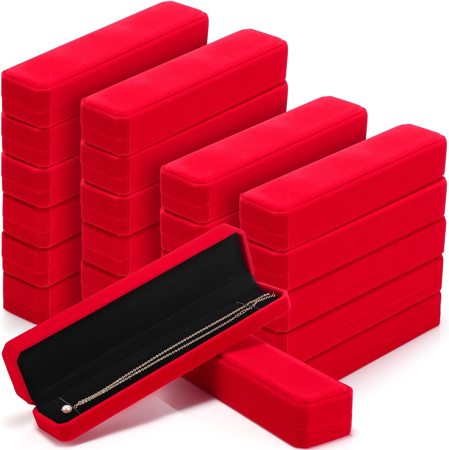 Batiyeer 24 Pcs Velvet Bracelet Box Bulk Jewelry Chain Necklace Box Bracelet Storage Case Long Jewelry Case for Christmas Pendant Display Wedding, 8.86 x 2.13 x 1.38 Inch(Red)