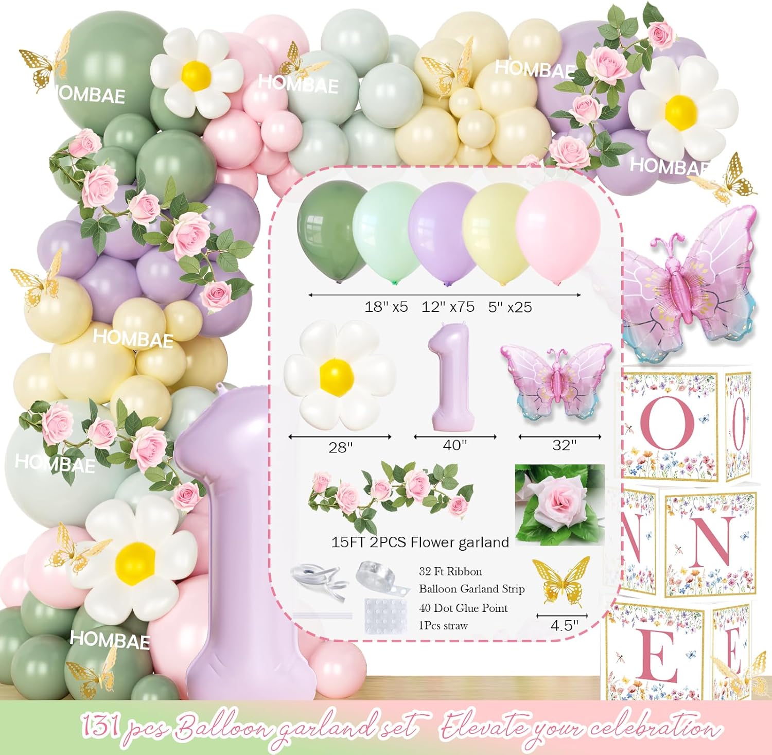 Wildflower 1st Birthday Decorations，151 PCs Our Little Wildflower is Turning One Birthday Party Supplies with Balloon Boxes, Banners, Floral Backdrop, Tablecloth, Cake Cupcake Topper