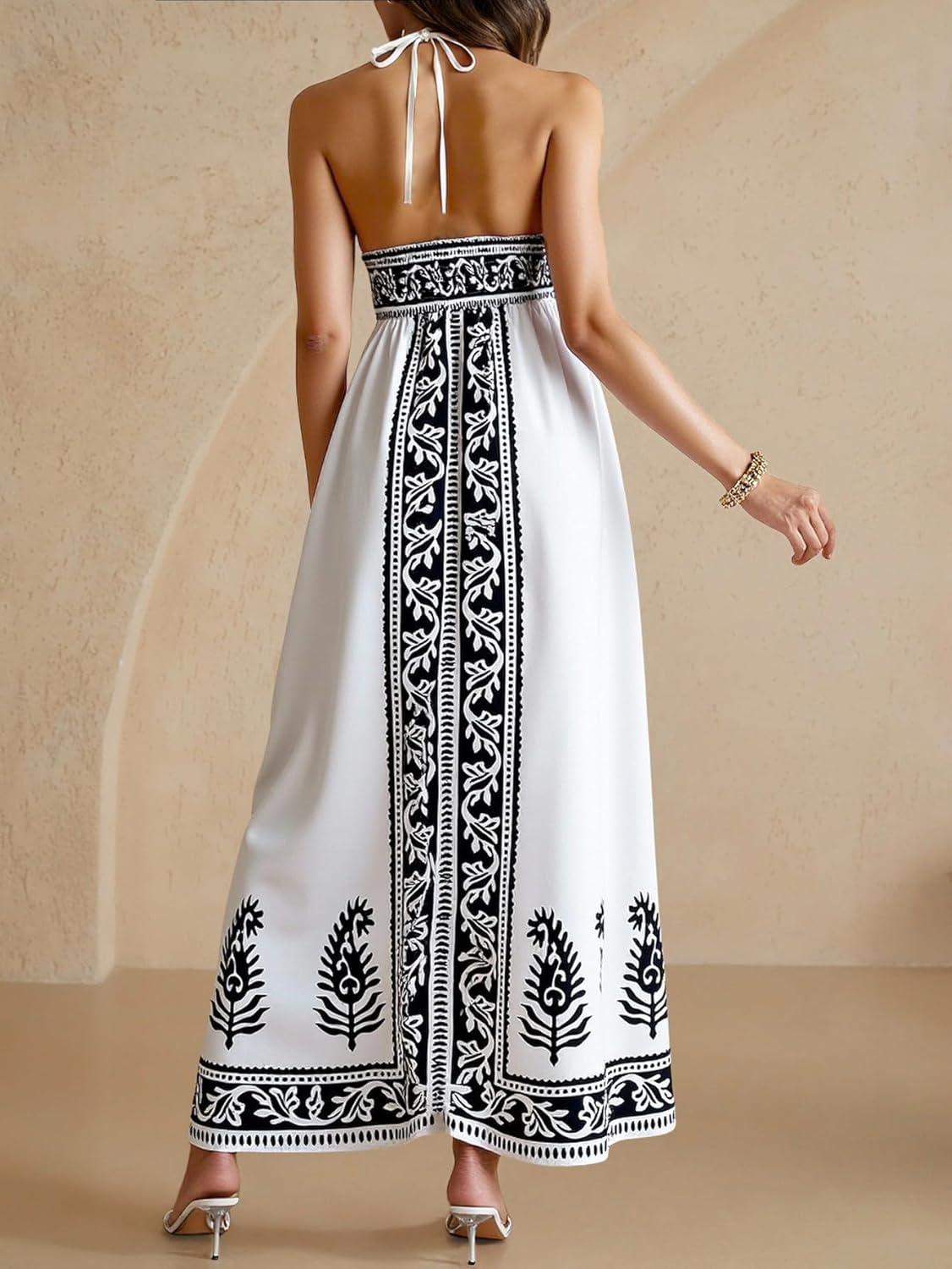 Women's Boho Print Halter Maxi Dress Summer Deep V Neck Flowy Dresses Beach Vacation Clothes - Image 2