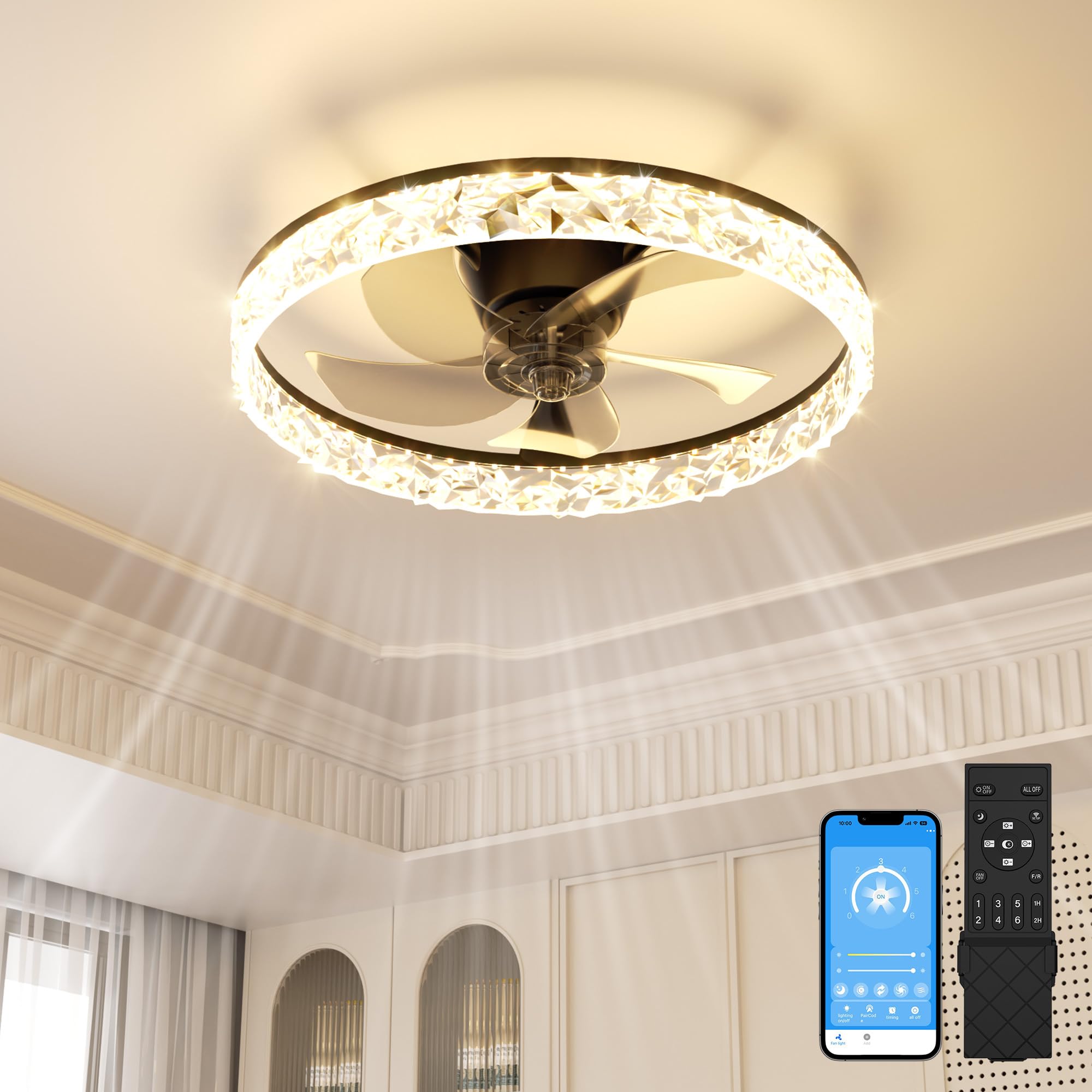 Sunkenet Black Ceiling Fans With Lights And Remote, 50Cm Led Fan Ceiling Light, 3000K-6500K Dimmable Smart Ceiling Fan Light, 6 Wind Speeds & Reversible, Modern Fan Light Ceiling For Bedroom(Black)