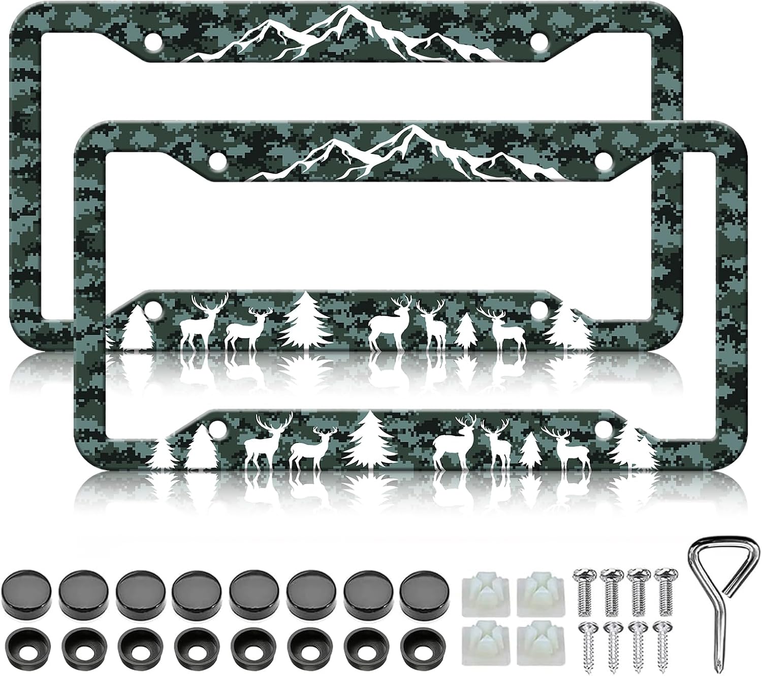 Camo Hunting Deer License Plate Frame - 2PCS Mountain Beer Forest Funny Stainless Steel Metal License Plate Holder, Rust-Proof Waterproof Car Decorative Tag Frames