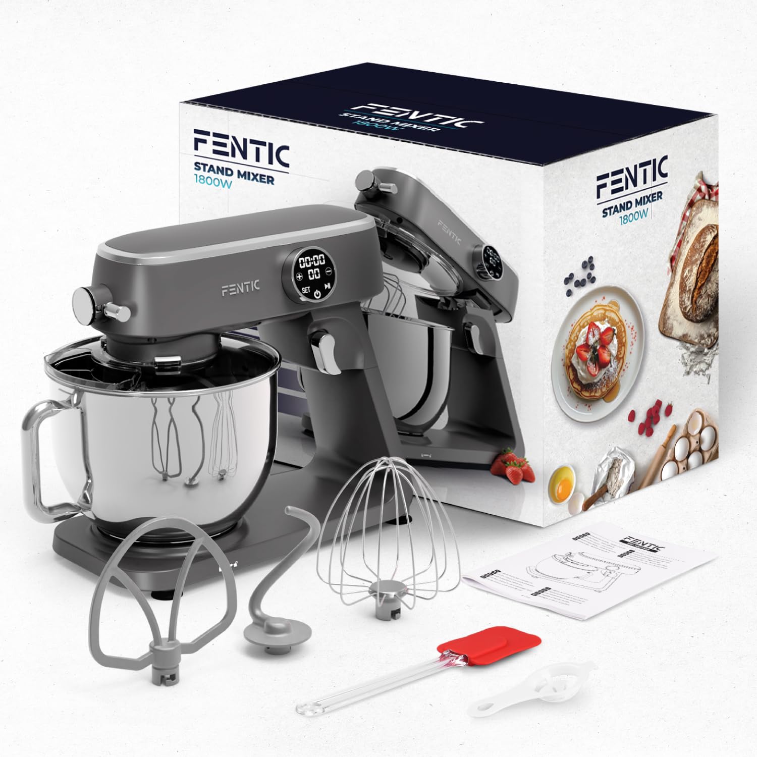 Küchenmaschine 1800W, 7L Edelstahl-Rührschüssel, Knetmaschine für Brotteig & Pizzateig, Planetenrührwerk, 10 Stufen mit Timer, Knethaken, Rührbesen, Schneebesen & Spritzschutz