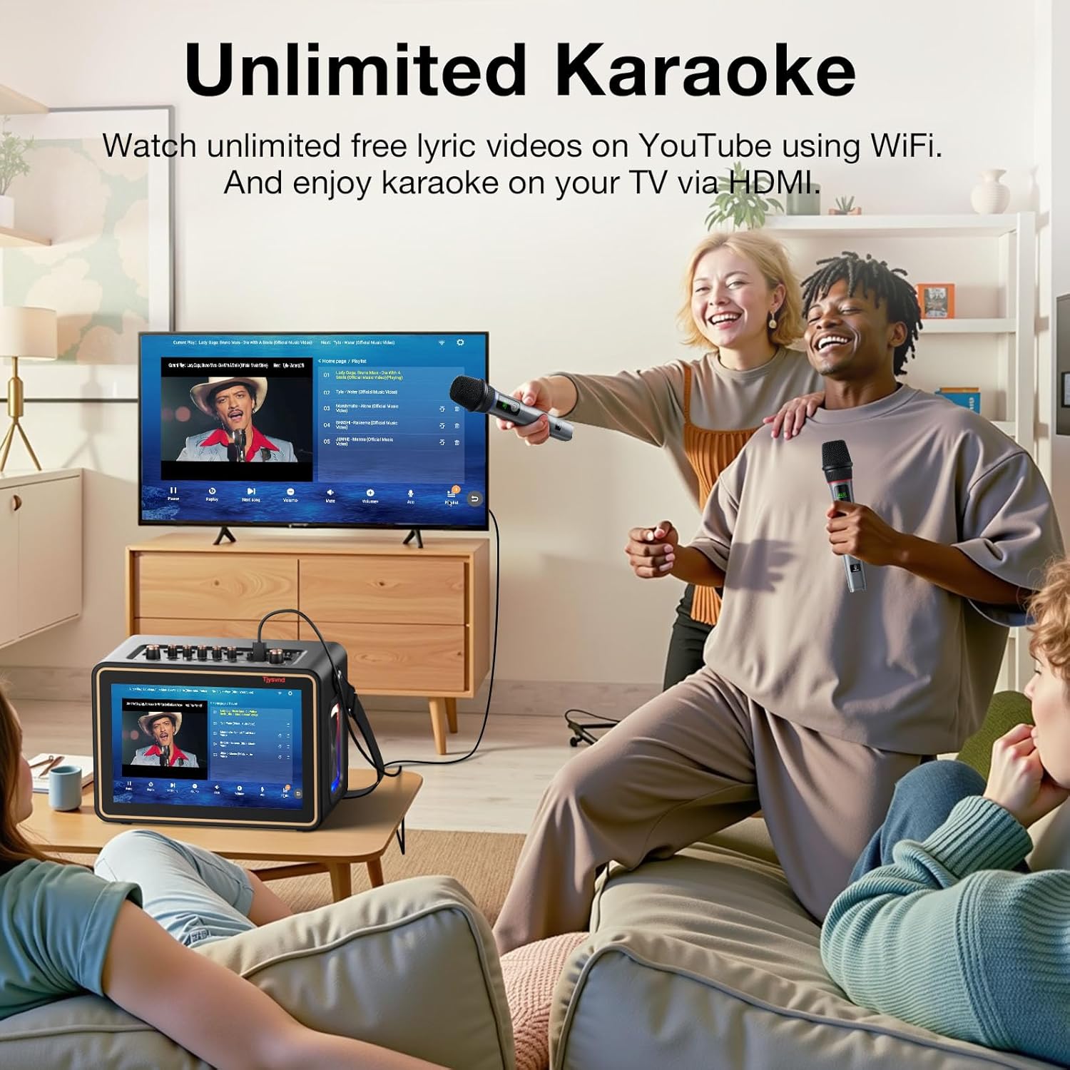 Smart Karaoke Machine with Lyrics Display, 12.1 Inch IPS Touch Screen, Two Wireless Microphones, Portable Bluetooth Speaker PA System for Home Outdoor Party (Large) - Image 2