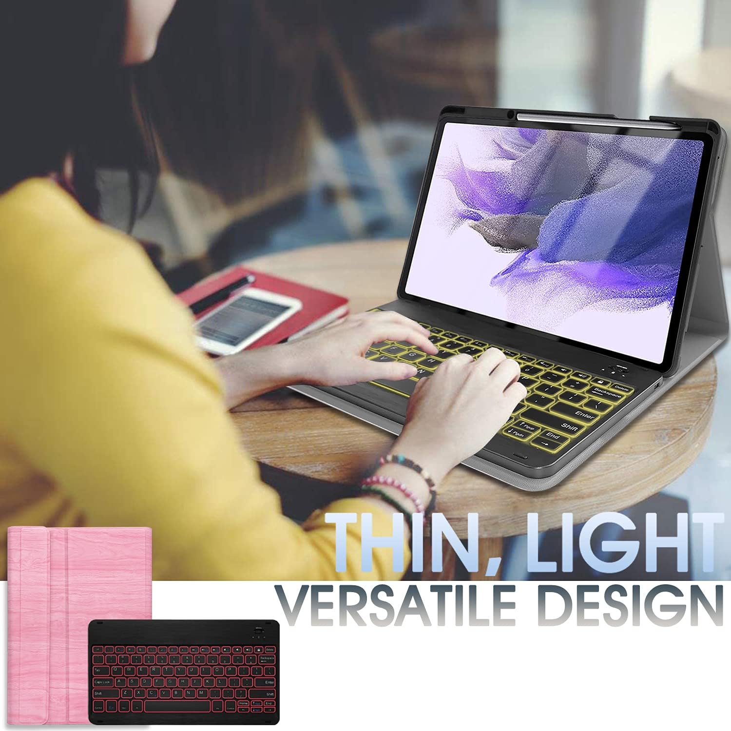 Backlit Keyboard Case for Samsung Galaxy Tab S8 Plus 2022/S7 FE 2021/S7 Plus 2020 12.4 inch with S Pen Holder, Wineecy 7 Colors Backlight Detachable Wireless Keyboard & PU Folio Stand Cover Case, Pink