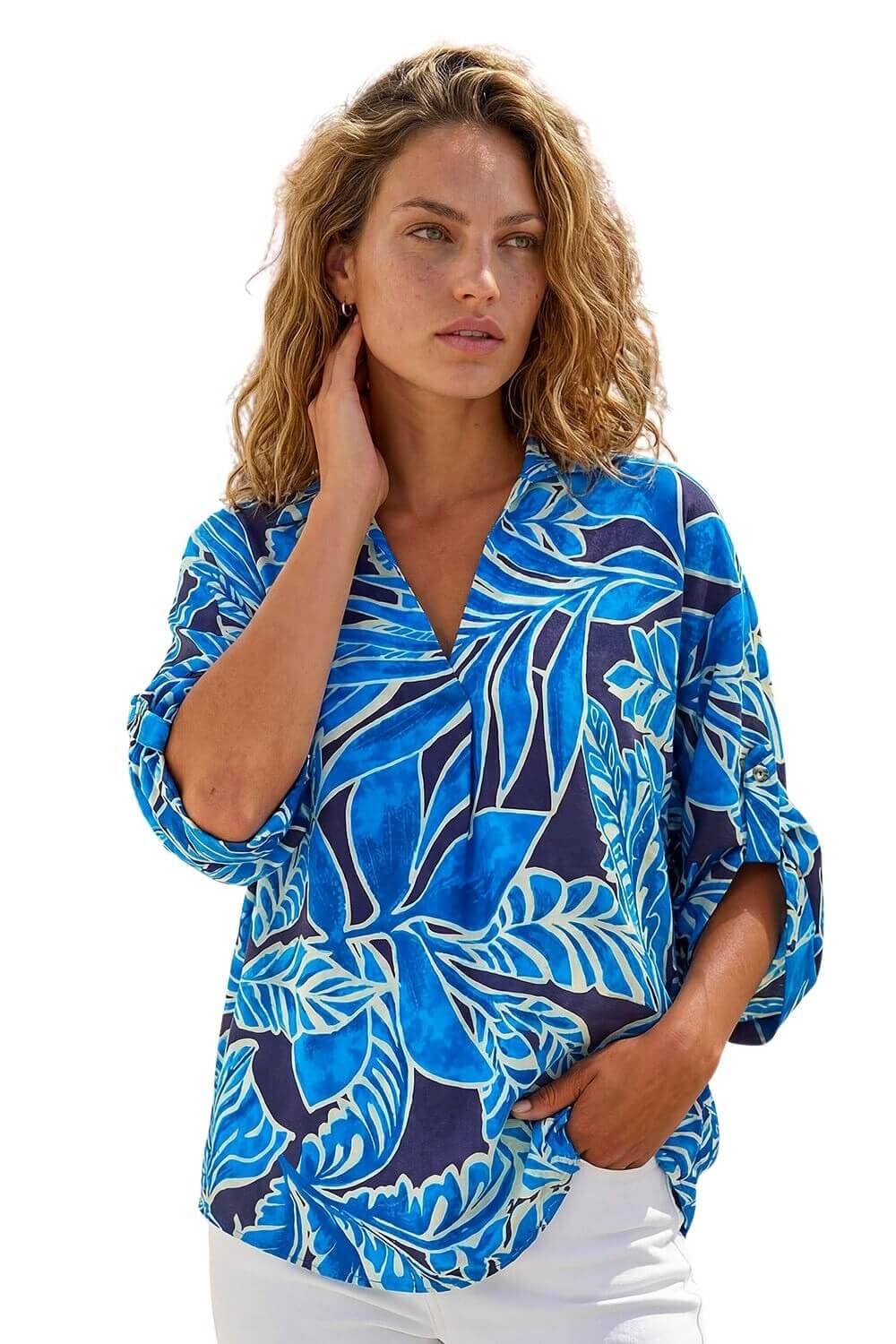 Roman Originals Women's Blue Leaf Roman Pleat Front Top For Uk Pleated Shirt Notch V Neck Blouse Summer Tunic Spring Pull-On Comfy Soft Evening Holiday Vacation Work Party Everyday - Size 10