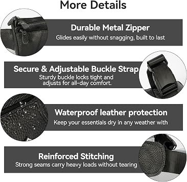 Black Leather Fanny Pack for Men Women Genuine Leather Waist Bag Crossbody Belt Bag with Adjustable Strap for Walking Hiking Cycling, 808#-black