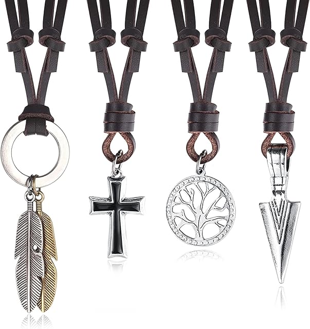 ADRAMATA 4Pcs Leather Necklaces for Men Women Feather Pendant Necklace Tree of Life Cross Necklace Arrow Spear Vintage Viking Necklace Tribal Necklace Leather Mens Necklaces Set