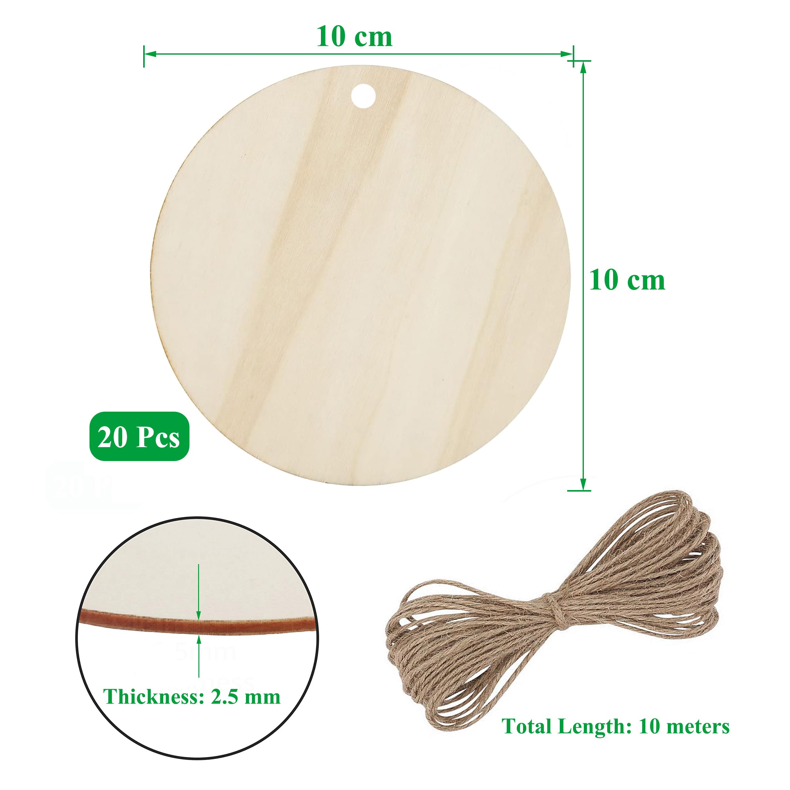 Wooden Slices with Holes,20 Pcs Round Wood Discs Wooden Circles,for DIY Crafting Arts Paintin Gift Tag Wedding Party Decor,with 10m Natural Twine - Image 2