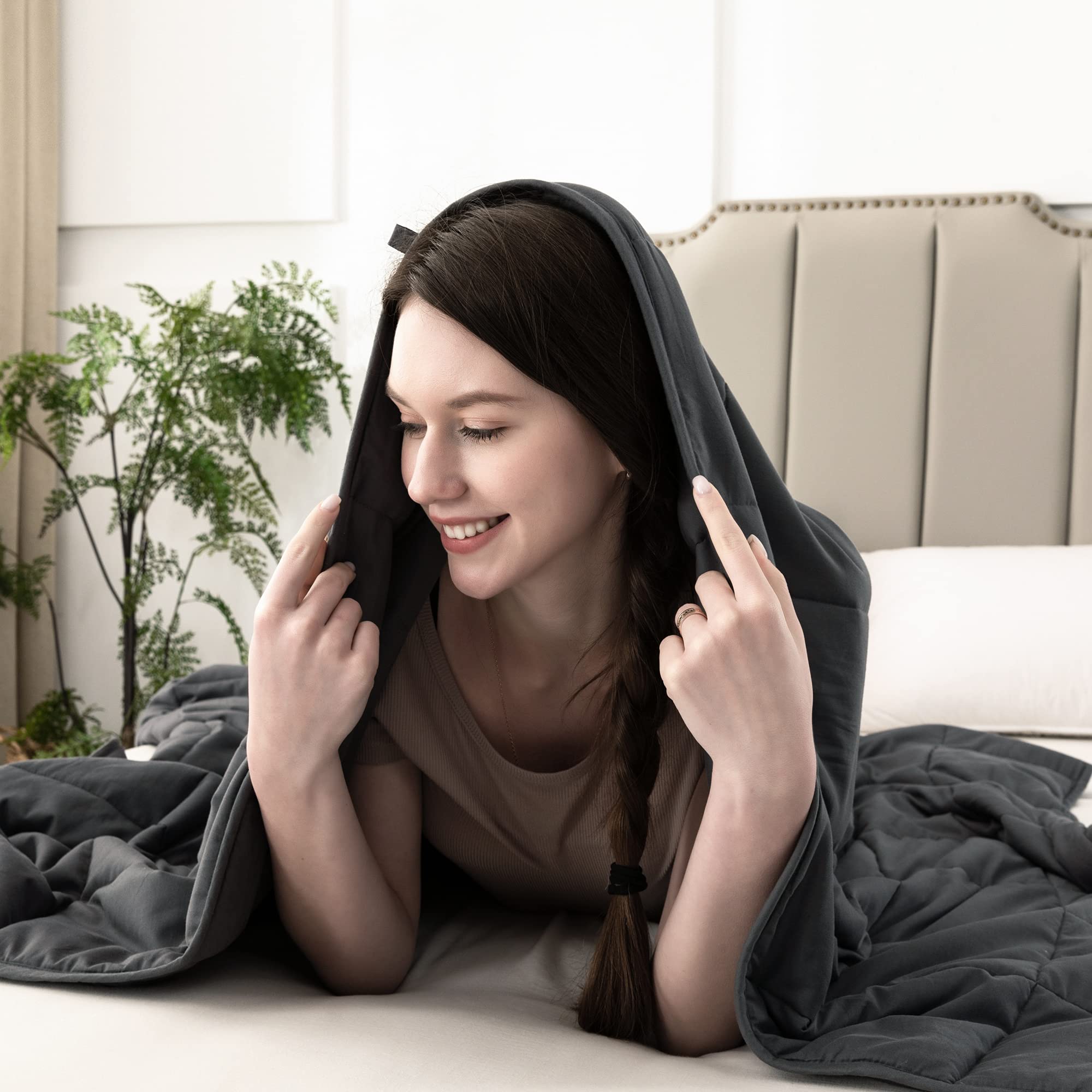 CAMATET Weighted Blanket for Adults (20 lbs, 60"x80", Queen Size Bed) 100% Comfortable Cooling Cotton with Premium Glass Beads, Heavy Duvet Comforter for Calming, Dark Grey