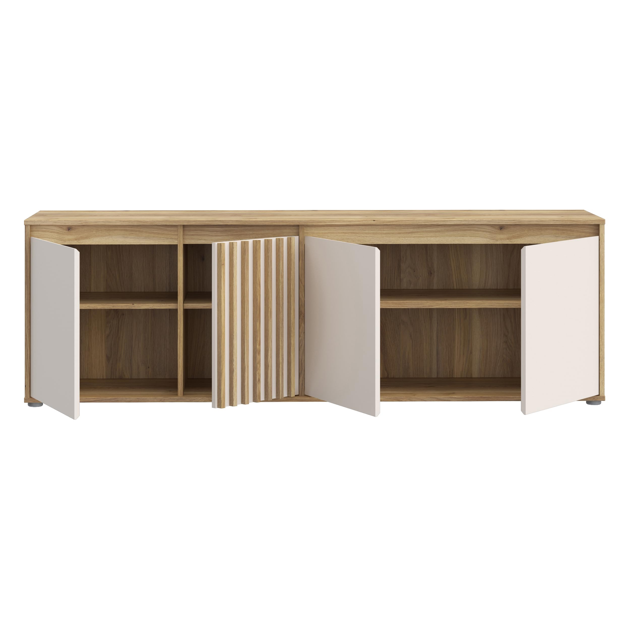 Forte ELISTON TV-Schrank 170 180, modernes Lowboard mit Lamellendesign, 4-türig, Wohnzimmer, Mauvella Eiche Holzdekor|Kashmir Beige, 174,3 cm breit x 56,1 cm hoch x 41,5 cm tief