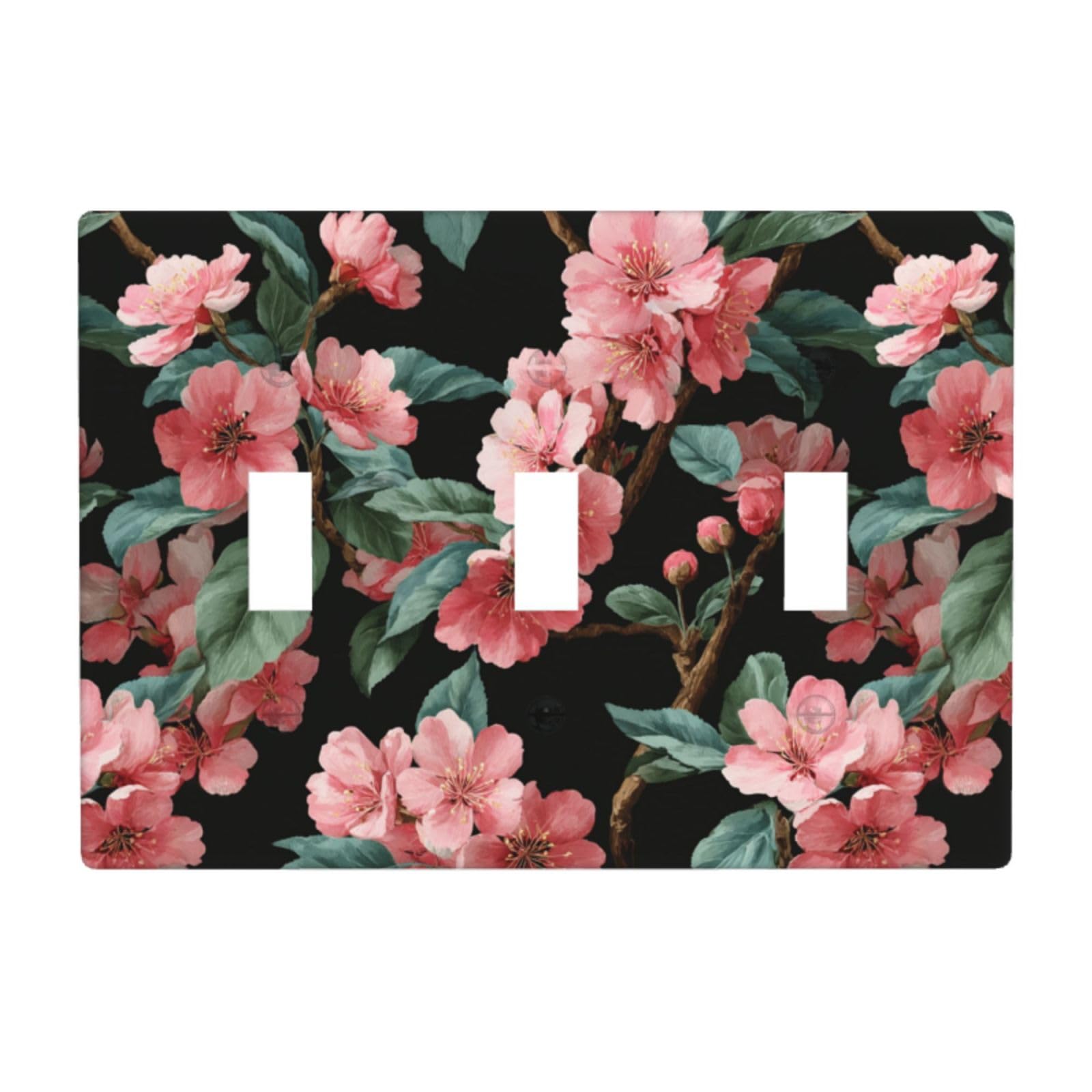 Cherry and Green Leaves On Black Light Switch Covers 3 Gang Triple Toggle Wall Plate Switchplate Electrical Faceplate for Bathroom Kitchen Bedroom Decor