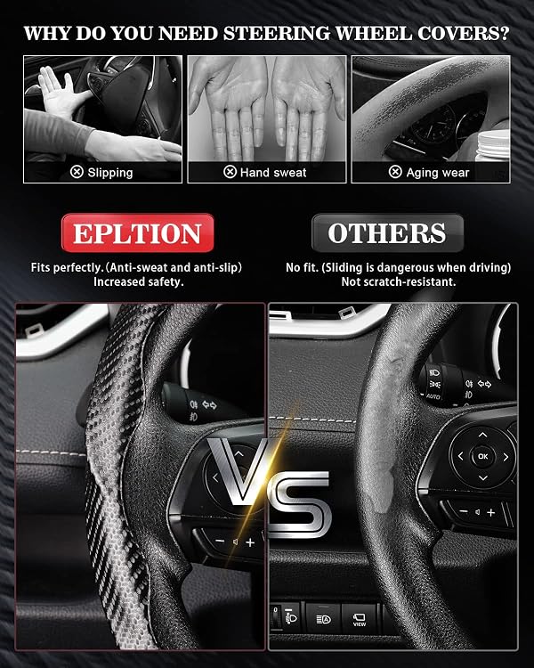 Model 3/Y Steering Wheel Cover - Carbon Fiber Steering Wheel Cover for Tesla Model 3/Y 2016-2025 2026 Juniper/Highland - Breathable Anti-Slip for Protect Car Interior Accessories (Black) by Epltion - Image 4
