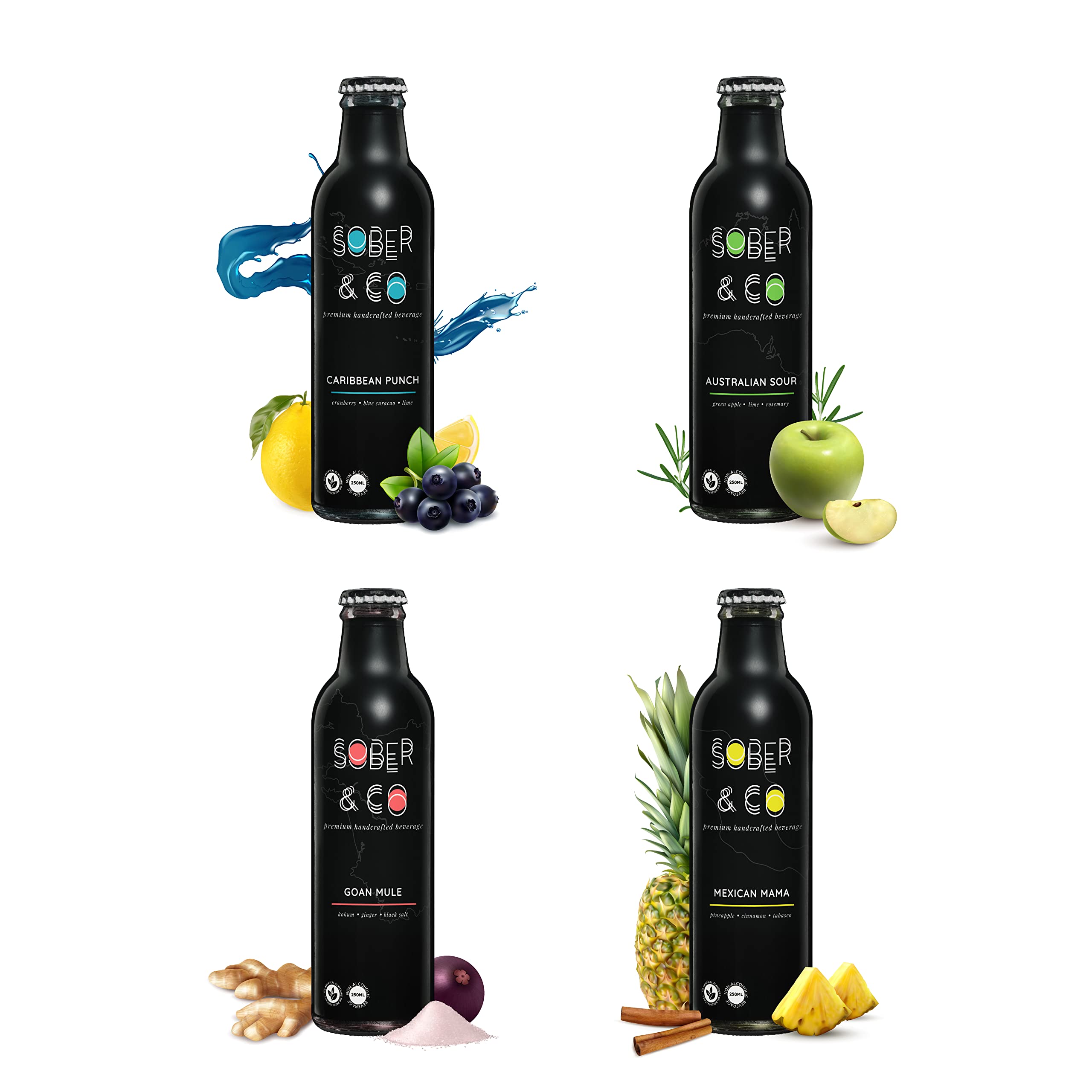Sober & Co - Assorted Pack of 4, Premium Handcrafted Beverage, Simply Pop & Pour or Spike & Serve, Each bottle makes 2 perfect cocktail! (No artificial flavours or preservatives) (The Sundowner)