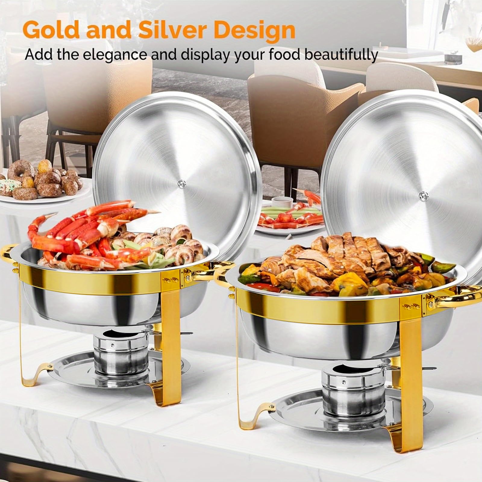 Chafing Dish - Set di 2 contenitori scaldavivande rotondi in acciaio inox da 4,5 l | Scaldavivande con supporto per coperchio, scaldavivande per buffet, catering, matrimoni, feste (argento)