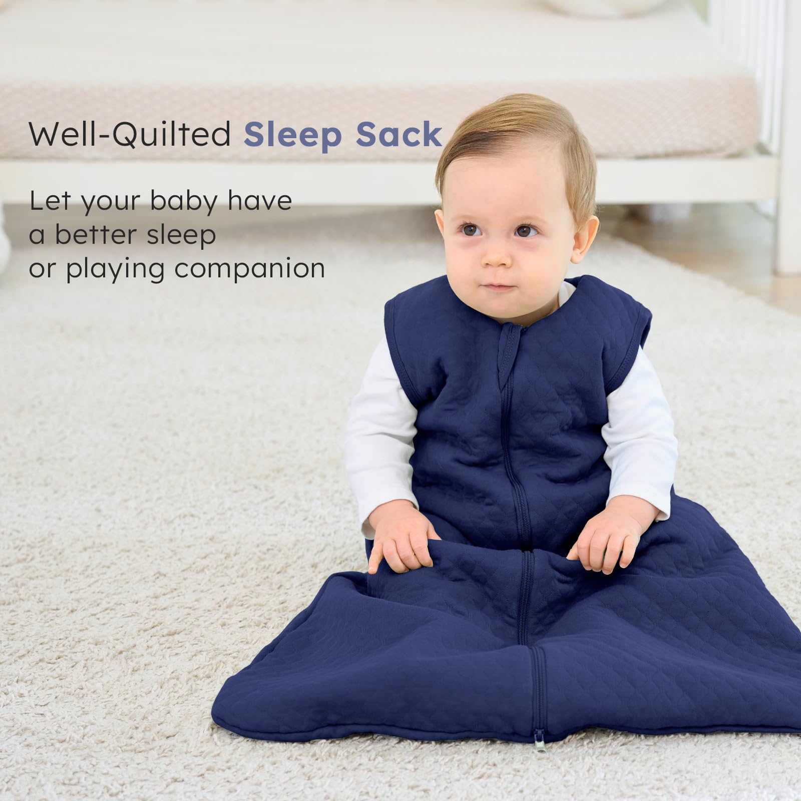 FIEMOL Sacco Nanna Invernale 2,5 Tog 0-6 mesi, Sacchi Nanna in Cotone per Neonato, Sacco a pelo per Neonati e Bambini, coperta indossabile con cerniera a 2 vie Blu