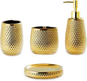 Gold Bathroom Accessory Set 4 Piece Ceramic Bath Accessories Sets Complete, Rain- Drop Shaped Bathroom Essential with Toothbrush Holder & Dish, Tumbler,Soap Dispenser Set for Bath Decor