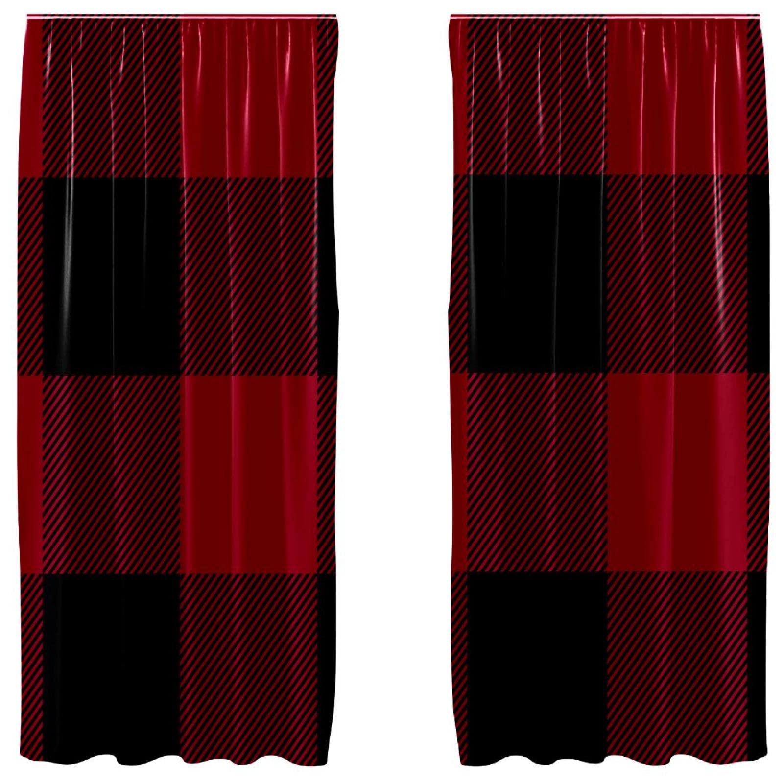 Cortinas de panel a cuadros rojos y negros con bolsillo para barra 55x84 pulgadas juego de 2