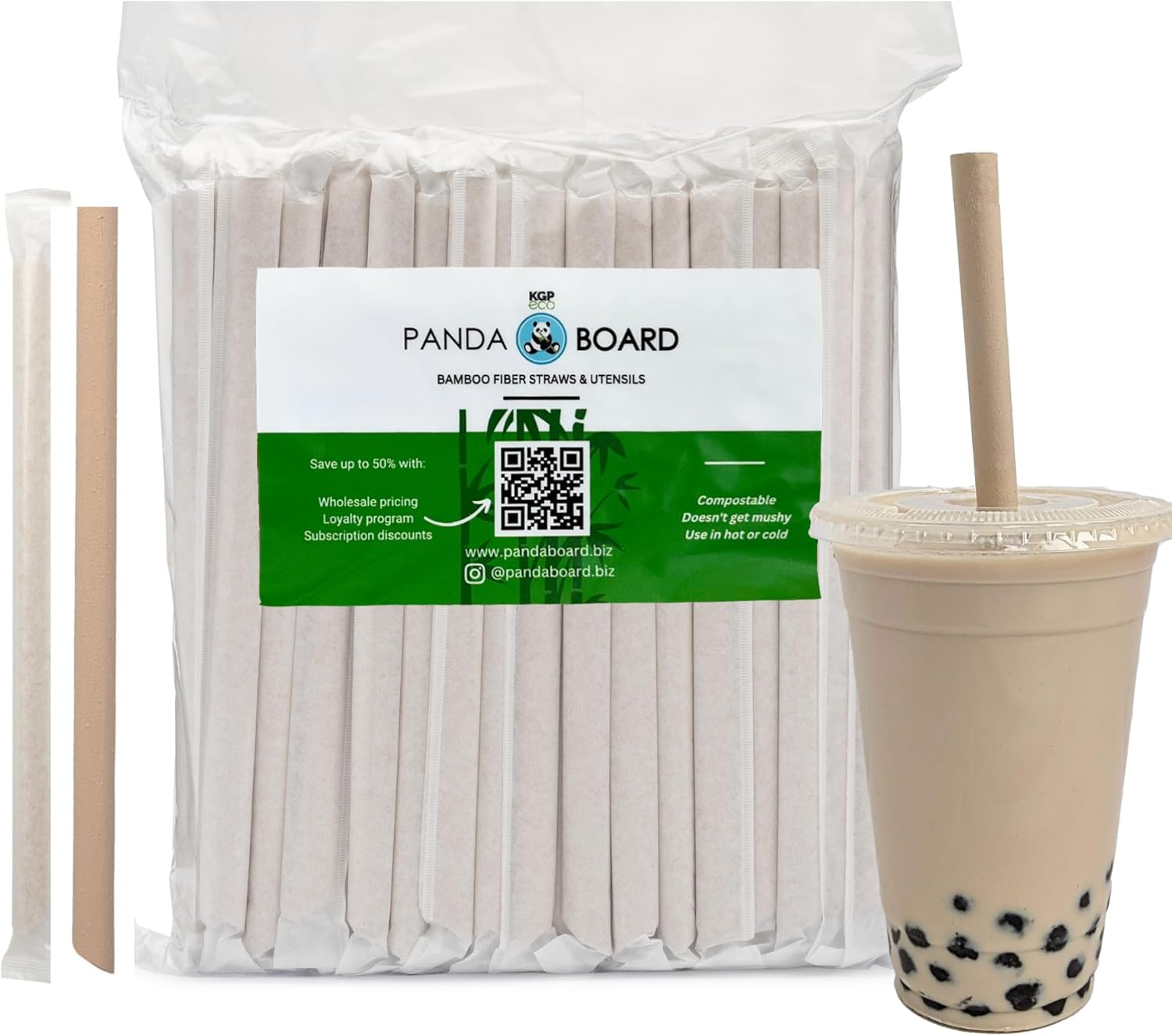 Pandaboard™ Compostable Bamboo Boba/Milkshake/Smoothie Straws - Wrapped - bag of 80