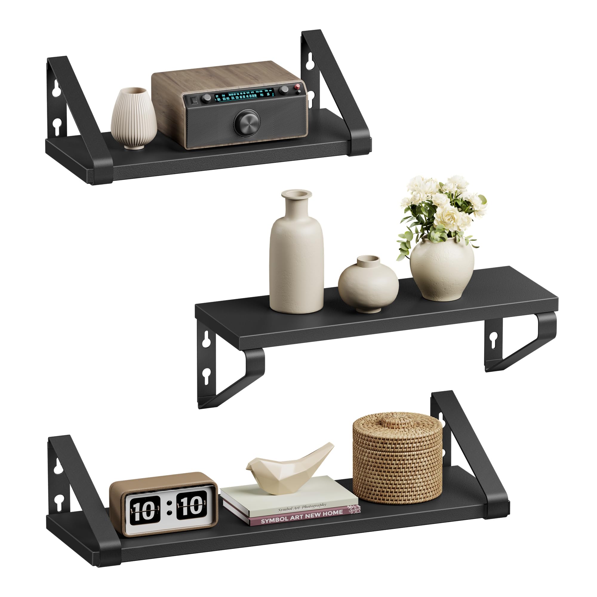 VASAGLE Wall Shelves, Floating Shelves Wall Mounted, Set of 3, 2 Mounting Ways, 30/35/40 cm, for Living Room, Bathroom, Kitchen, Ink Black and Matte Black LWS033B10 — image 1