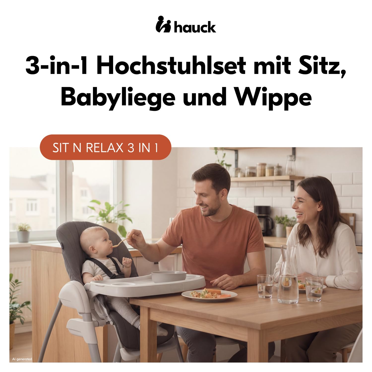 Hauck Sit N Relax 3in1 Beige Hochstuhl ab Geburt bis 15 kg mit Neugeborenenaufsatz Babywippe Spielbogen Essbrett Räder Korb Höhenverstellbar Faltbar