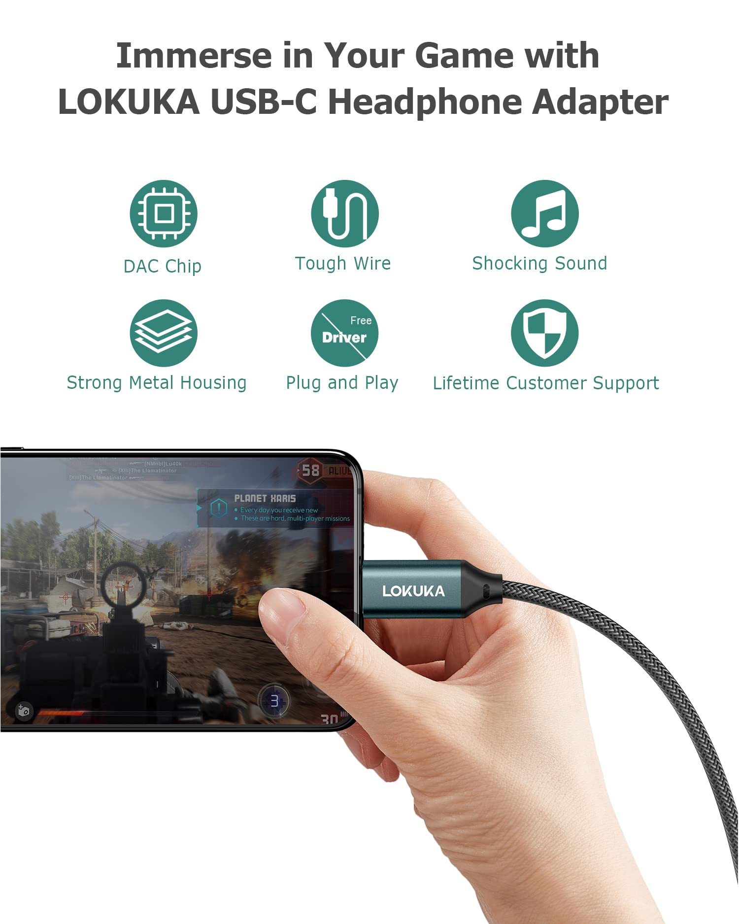 Adaptador de audio USB tipo C a conector de auriculares de 3,5 mm, LOKUKA AUX a USB C HiFi DAC, cable de audio compatible con Pixel, Samsung S9 S10 S20 S21, Note 10 20 Plus, iPad, MacBook - 8 pulgadas
