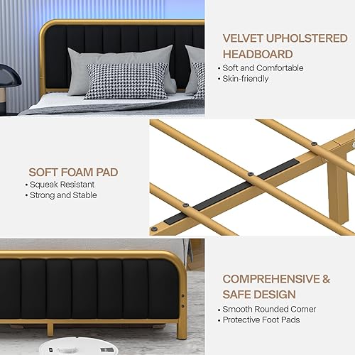 Miniatura 7 de DOGIBIXO Base de cama tamaño matrimonial con cabecera y estribo tapizados de terciopelo, plataforma resistente con luces LED, soporte de listones de
