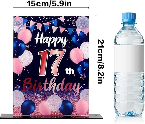 Miniatura 2 de LINGTEER Centros de mesa acrílicos con globos de color azul marino y rosa con texto en inglés "Happy 17th Birthday", paquete de 2 decoraciones para
