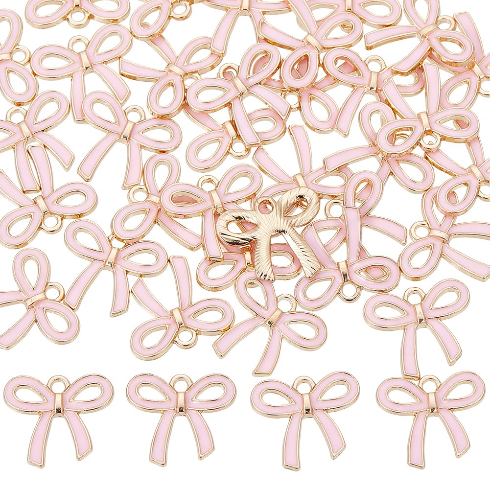 SUNNYCLUE 1 Box 40pcs Pink Bowknot Charms Enamel Bow Charms Romantic Flat Small Kawaii Light Gold Plated Pink Cute Bow Charm For Jewellery Making Birdthday Wedding Gifts Crafts Accessories Supplies โ image 1