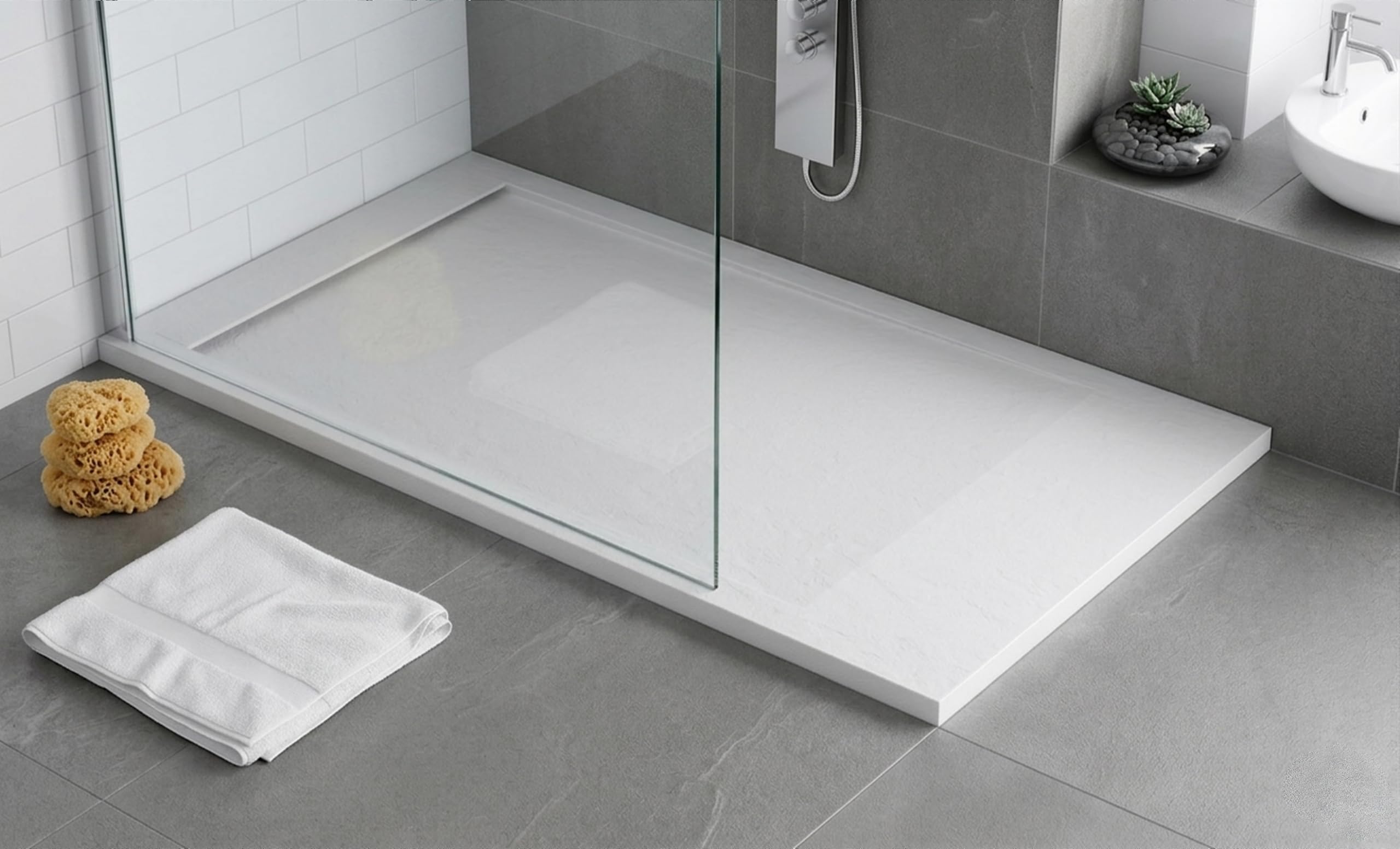 Plato de ducha resina FLOW desagüe lineal frontal Blanco 110x70 textura pizarra antideslizante rejilla extraplana integrada
