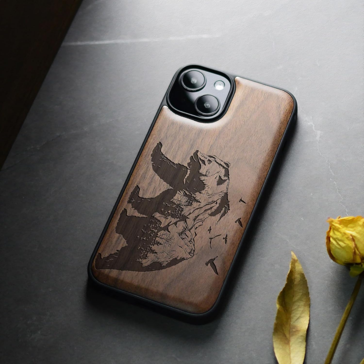 Carveit Magnetic Wooden Case for iPhone 15 Case, Compatible with MagSafe Wireless Chargers, Black Soft TPU Shockproof Cover & Wood Artisan Engraved (Bear and Valleys) - Walnut