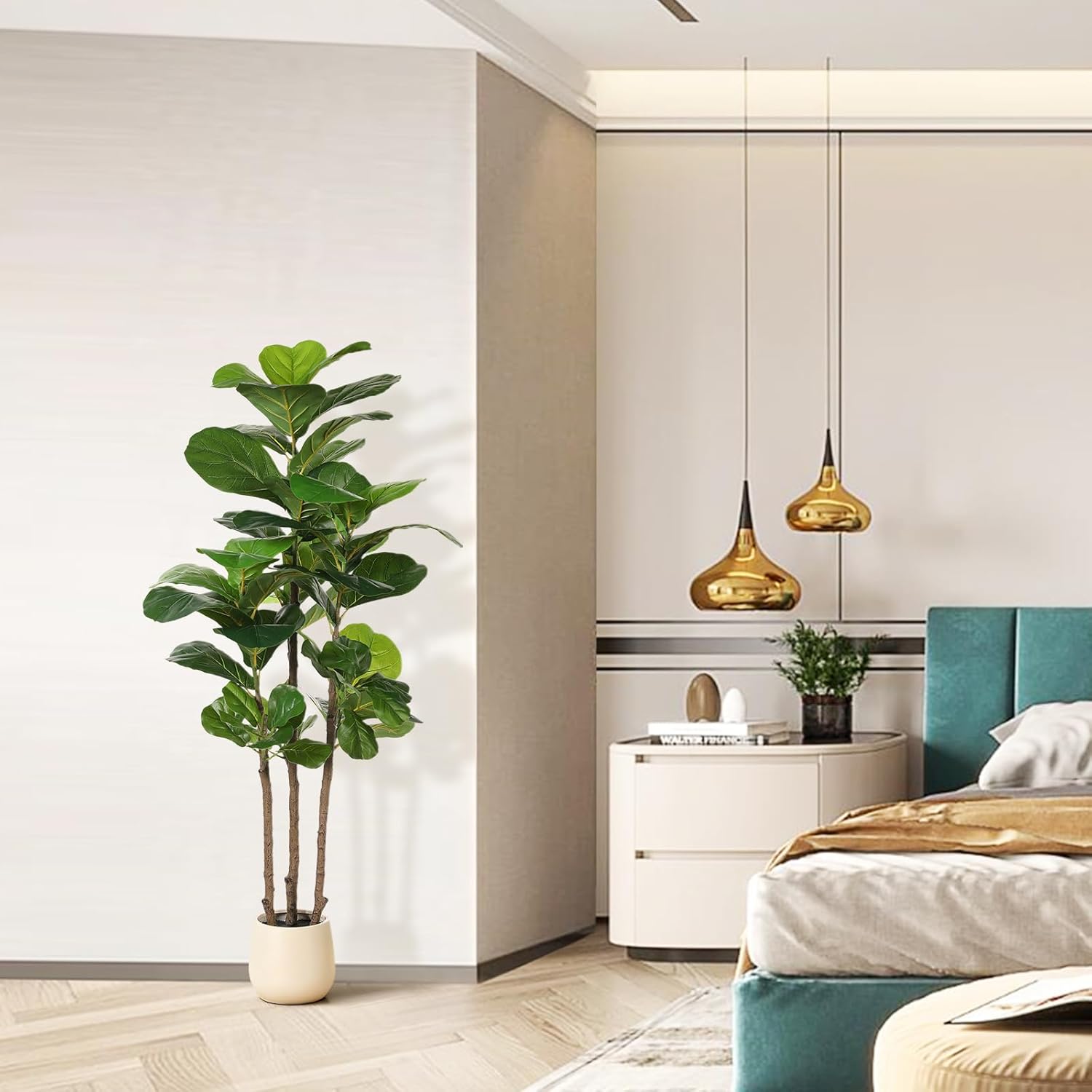 Realead Fiddle Leaf Fig Tree Artificial - 5ft Faux Fiddle Leaf Fig Tree with White Planter - Large Fig Tree Artificial with Natural Wood Trunk and Lifelike Leaves for Home Living Room Indoor Decor - Image 2
