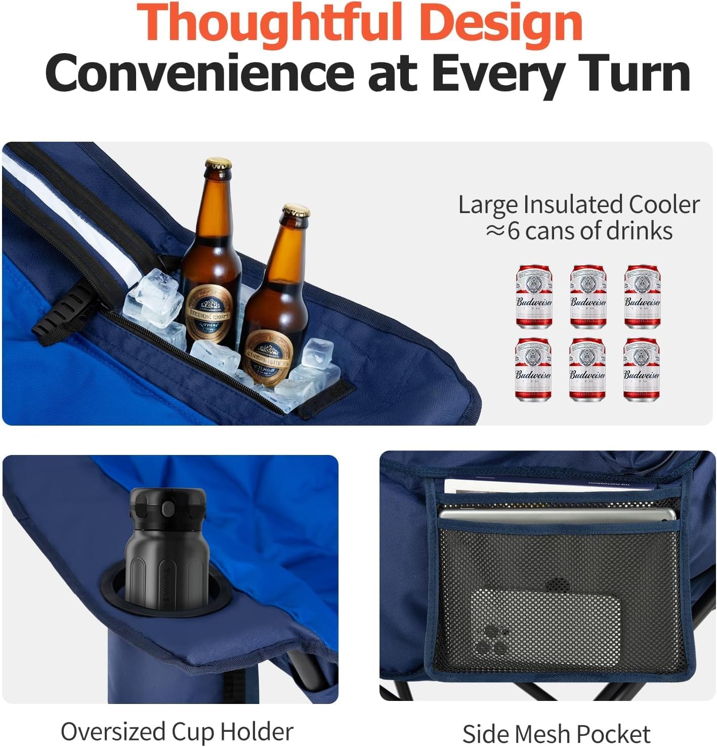 Overmont Oversized XL Camping Chair for Adults - 400lbs Support Heavy-Duty Padded Folding Chair with Side Pocket Cup Holder Cooling Bag for Outdoor Sports Garden Beach Fishing Lawn - Blue - Image 5