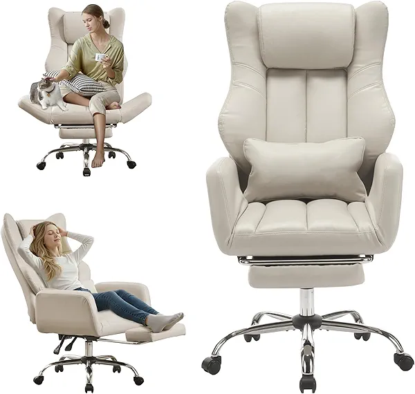 Ergonomic Cross Legged Office Chair with Footrest,Leather Big and Tall Executive Chair with Wheels,Reversible Armrest and Lumbar Pillow,135° Reclining Computer Wide Desk Chair for Home,Office (Beige)
