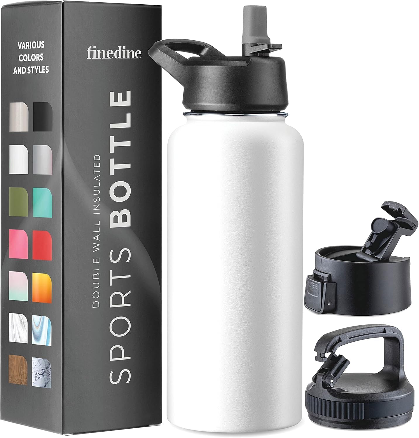 Triple Walled, Insulated Water Bottles with Straw Lid/Flip Top Lid/Wide Mouth Cap - Stainless Steel Metal Bottle for Travel, School, Sports, Gym (Pure Pearly White, 950 ml)