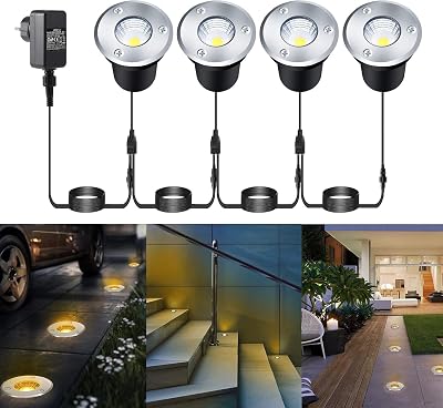 4er Set LED Bodenleuchte mit Stecker Netzteil 3W 12V Ø65mm Bodenstrahler außen IP67 Bodeneinbauleuchte Warmweiß Bodenbeleuchtung Runde Bodenlicht für Terrasse Garten Treppen Gehweg Auffahrt